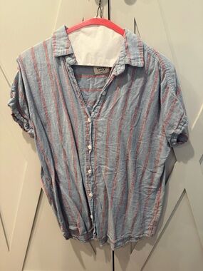 Marine Layer Light Blue Button-Up Shirt with Red Stripes